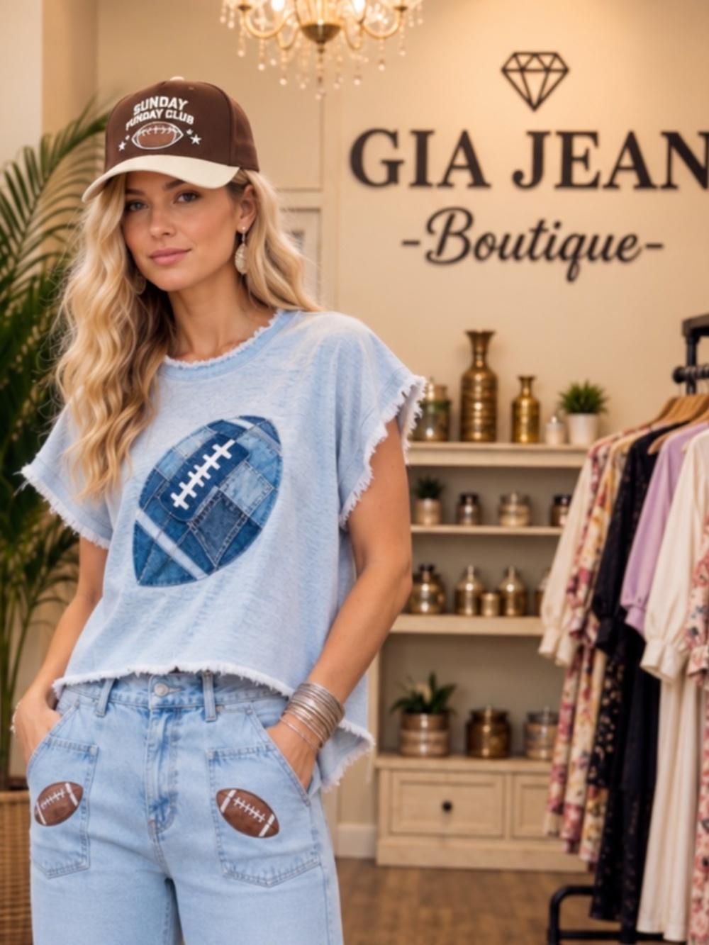 ❤️ LOV LOV “ TOUCHDOWN 2 ” LOV LOV DENIM TOP WITH FOOTBALL PATCH 57A
